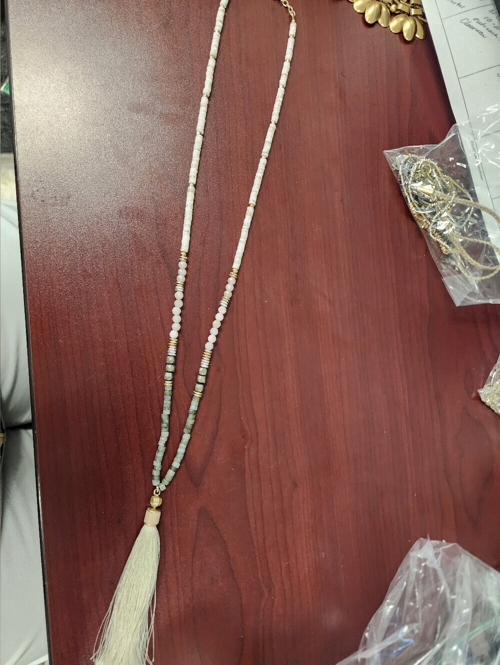 Stella & Dot Antonia Cream and Pale Green Tassel Beaded Necklace
